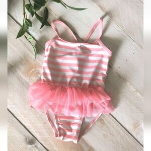 Baby Girls Pink White Striped Ruffle One Piece Bathing Suit Size 6-9 Months